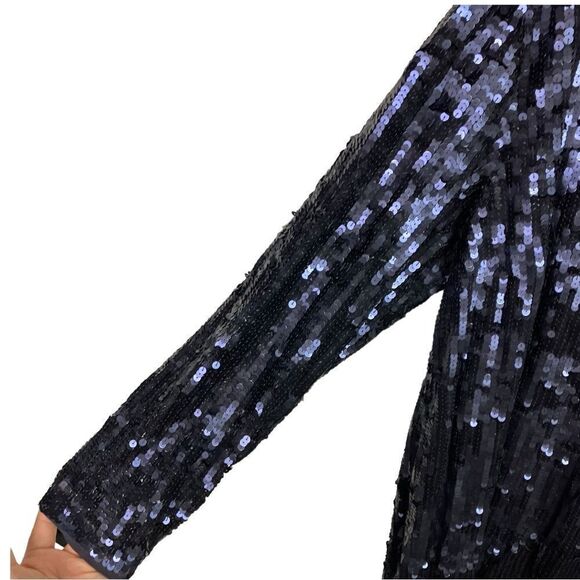 Mac Duggal Dress 20 Blue Sequined Floral Long Sleeve Midi Dress 93624 Modest - Picture 6 of 16